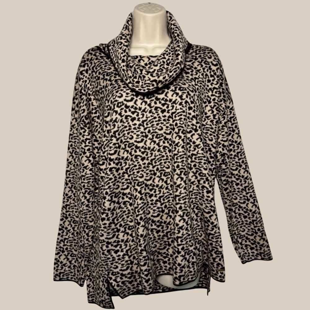 Calvin Klein Leopard Print Cowl Neck Tunic Sweater Black Cream Mobwife SZ L